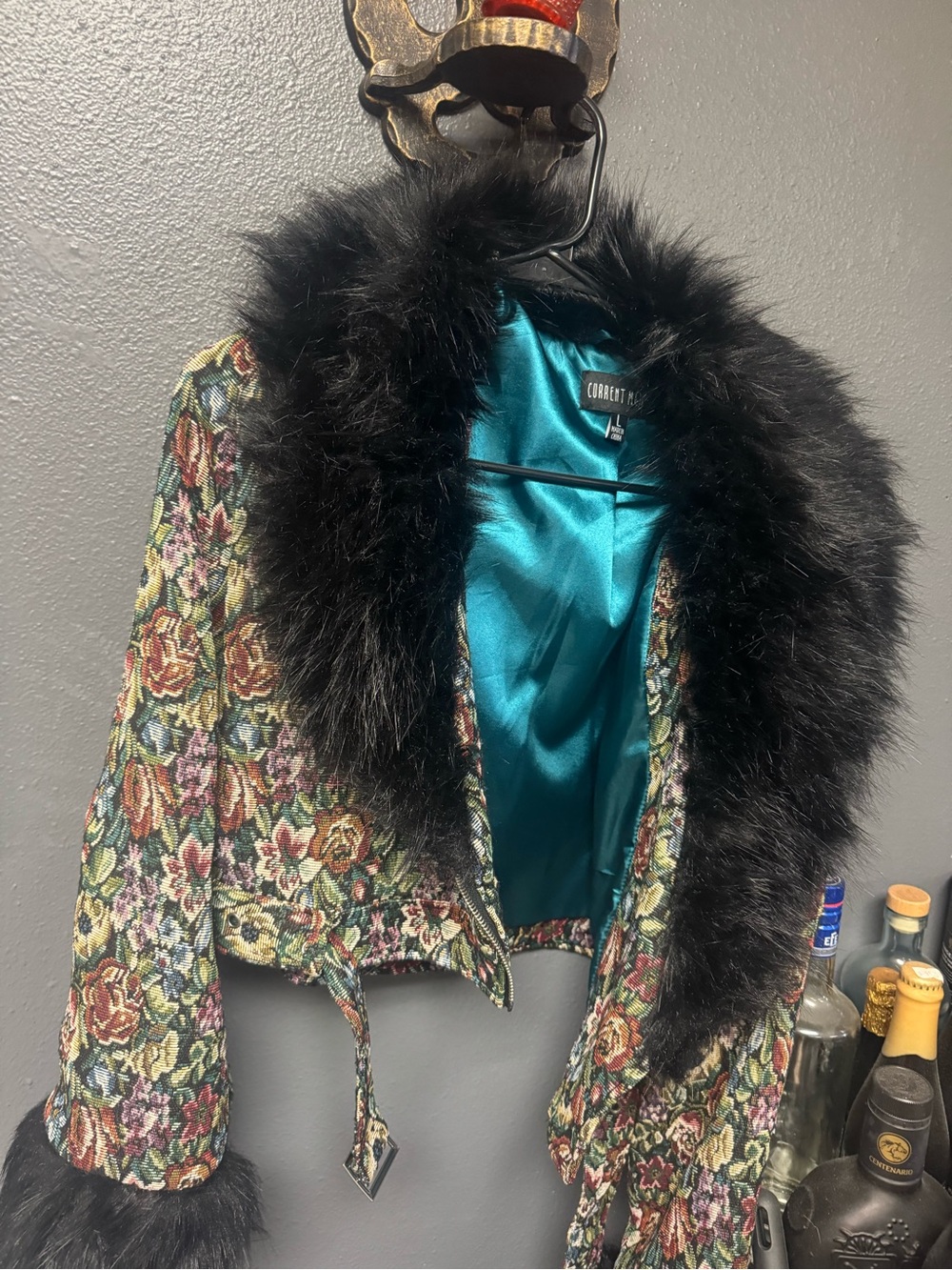 Dolls Kill Floral Brocade Jacket with Teal Lining and Black Faux Fur
